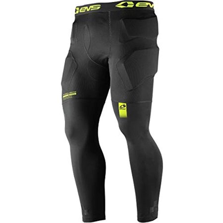 Black padded winter pants by EVS, featuring a snug fit, protective padding on the hips and thighs, and a bright yellow logo detail. Size: Small.