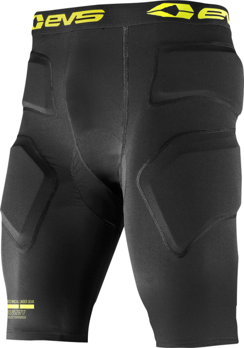 Black padded shorts with yellow EVS logo, featuring reinforced padding on hips and thighs, made from stretchy material, designed for impact protection in medium size.