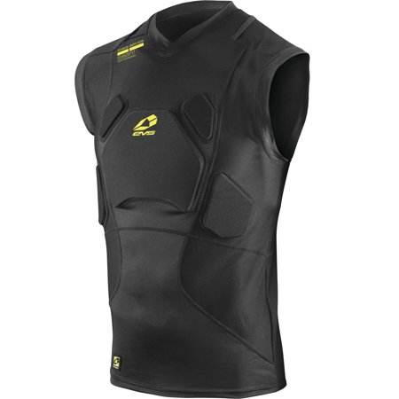 Black sleeveless impact vest made of durable material, featuring padded protection zones and a snug fit, designed for safety and comfort in sports activities.