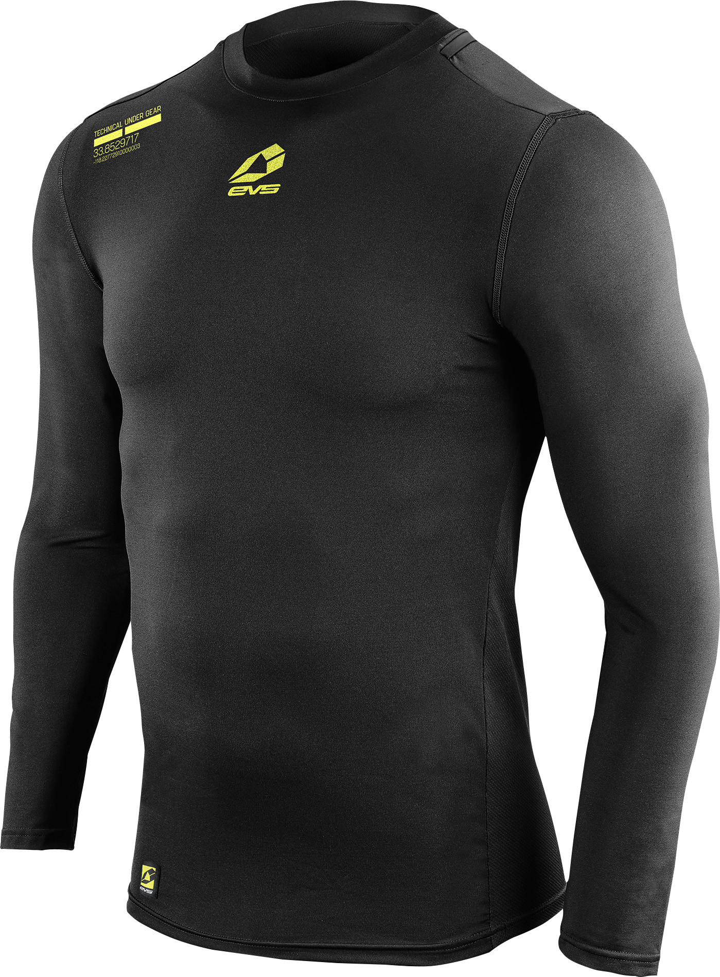 Black long sleeve top by EVS, made from a stretchy material, featuring a fitted design, yellow logo on the chest, and reinforced seams for durability. Size: Small.