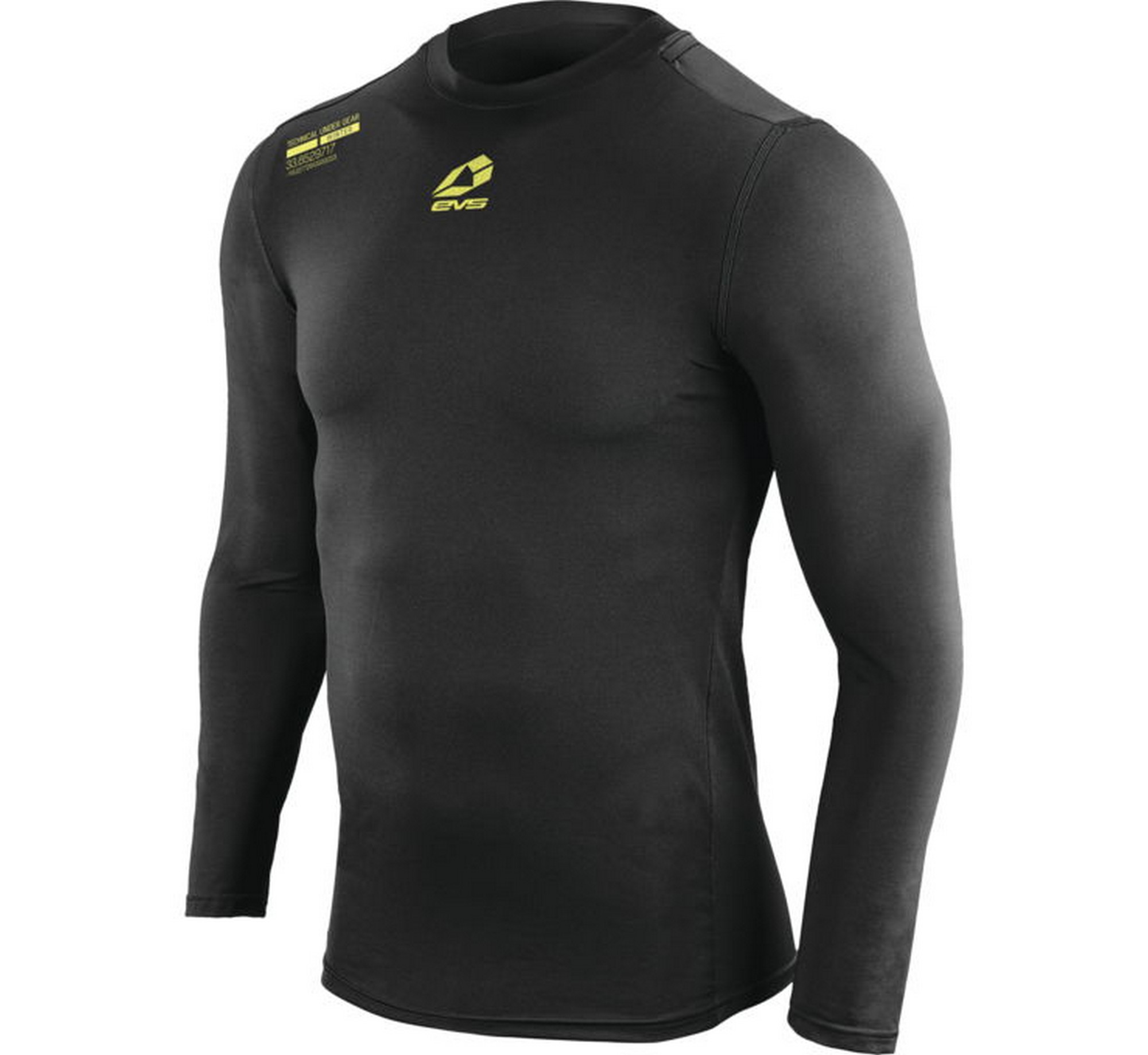 Black long sleeve winter top by EVS in size large, featuring a fitted design, crew neckline, and a yellow logo on the upper left chest.