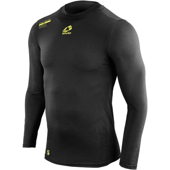 Black long sleeve winter top by EVS, made from a stretchy material, featuring a yellow logo on the chest and a snug fit, designed for warmth and comfort in cold weather.