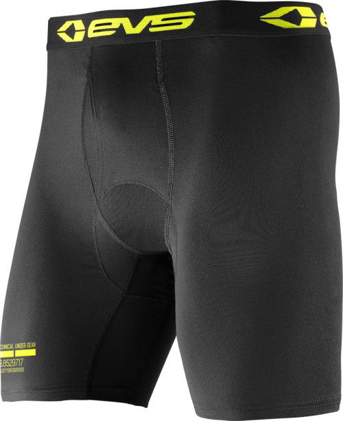 Black Moto Boxers by EVS featuring a snug fit, moisture-wicking material, and a bright yellow logo waistband for added style and comfort.