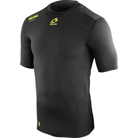 Black short sleeve top made of stretchy material, featuring a fitted design, yellow EVS logo on the chest, and a small logo on the shoulder, available in large size.