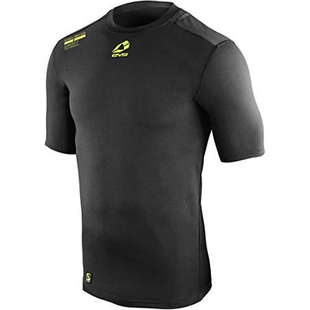 Black short sleeve tug shirt by EVS, made from stretchy material, featuring a fitted design and a small yellow logo on the chest for added visibility.