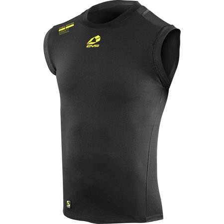 Black sleeveless top by EVS, featuring a fitted design, made from lightweight material, with yellow logo accents on the chest and shoulder. Size: Small.