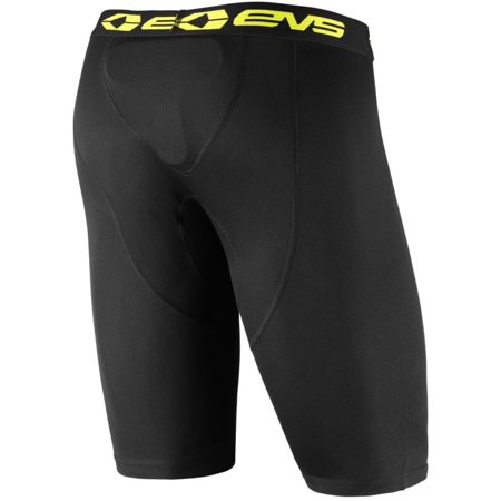 Black compression shorts featuring a snug fit, moisture-wicking fabric, and a bright yellow EVS logo waistband for added visibility and comfort.