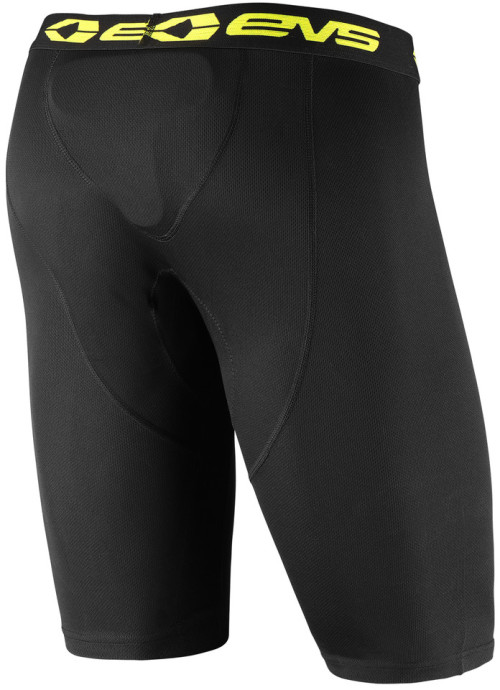 Black EVS TUG vented shorts in size small, featuring a snug fit, breathable material, and a bold yellow EVS logo on the waistband.