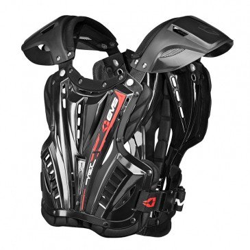 Black EVS Vex Roost Chest Protector in size L for men, featuring a sleek design with red accents, adjustable straps, and ventilation holes for breathability.