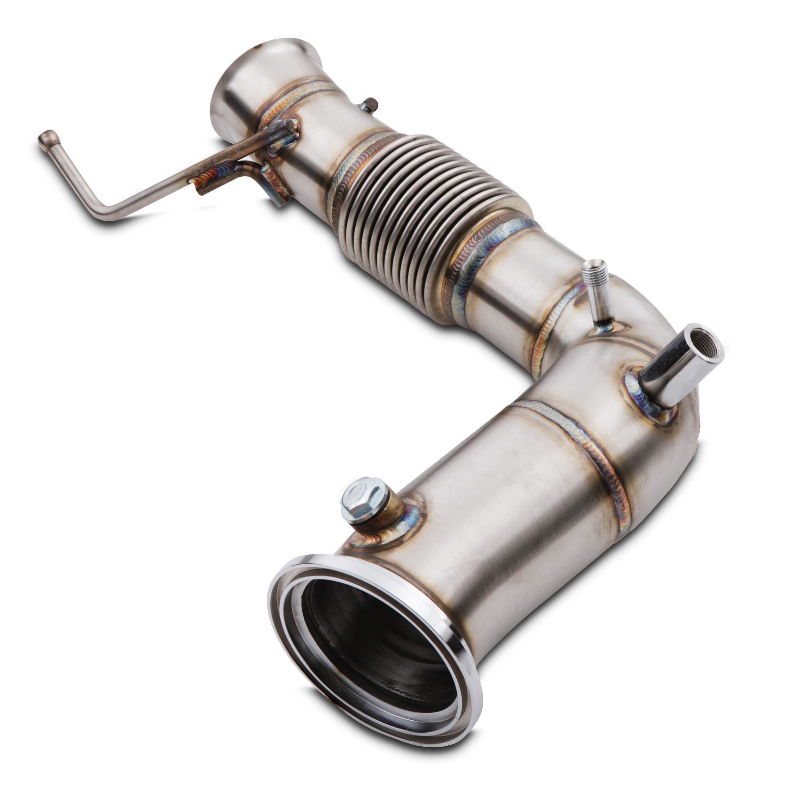Stainless steel exhaust decat downpipe for BMW 1 Series F40 M135i X Drive, featuring a smooth finish, flexible section, and multiple connection points.