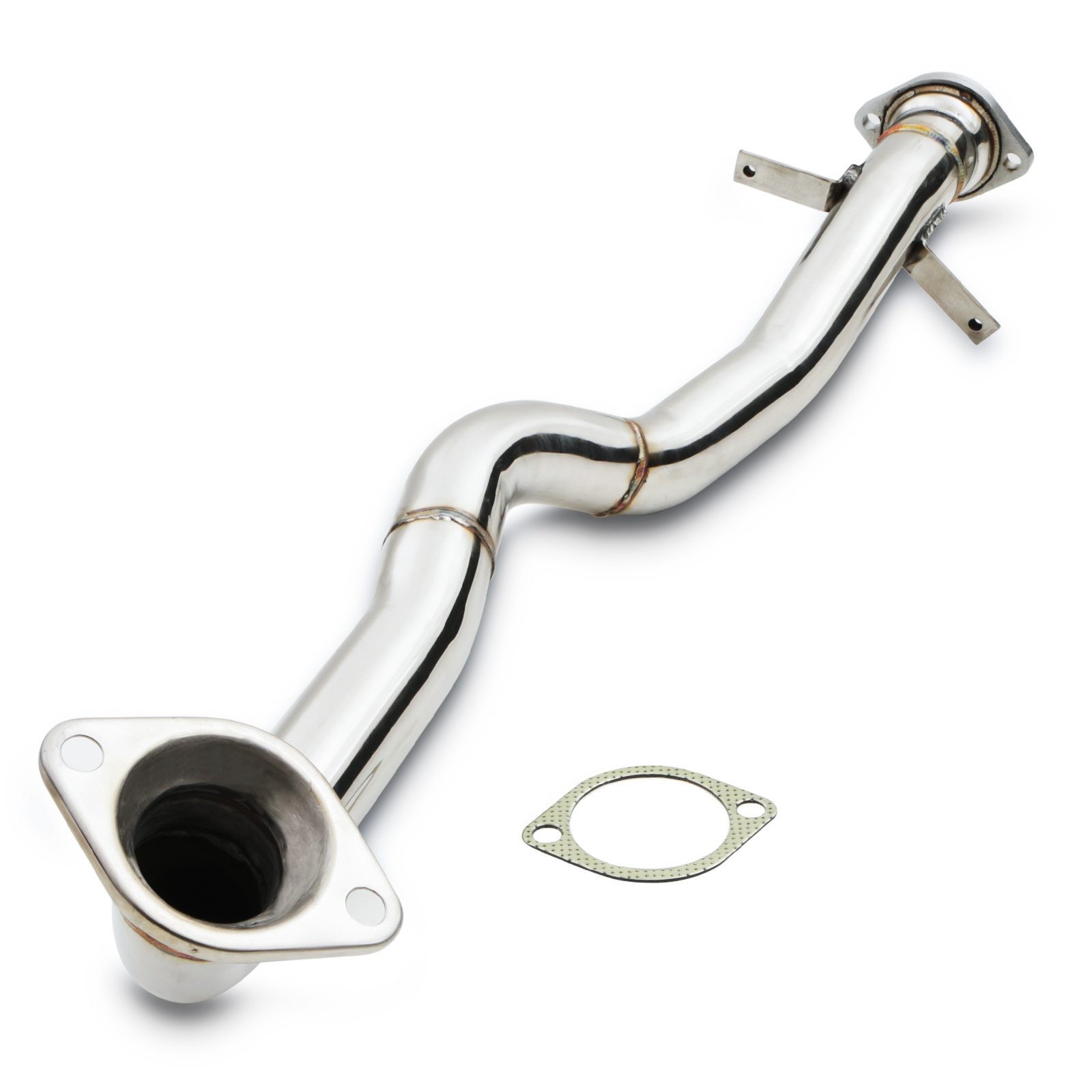 Polished stainless steel exhaust decat downpipe with a smooth curve, featuring flanged ends and a gasket, designed for Mitsubishi Lancer Evo 8 VIII models from 2003 to 2005.