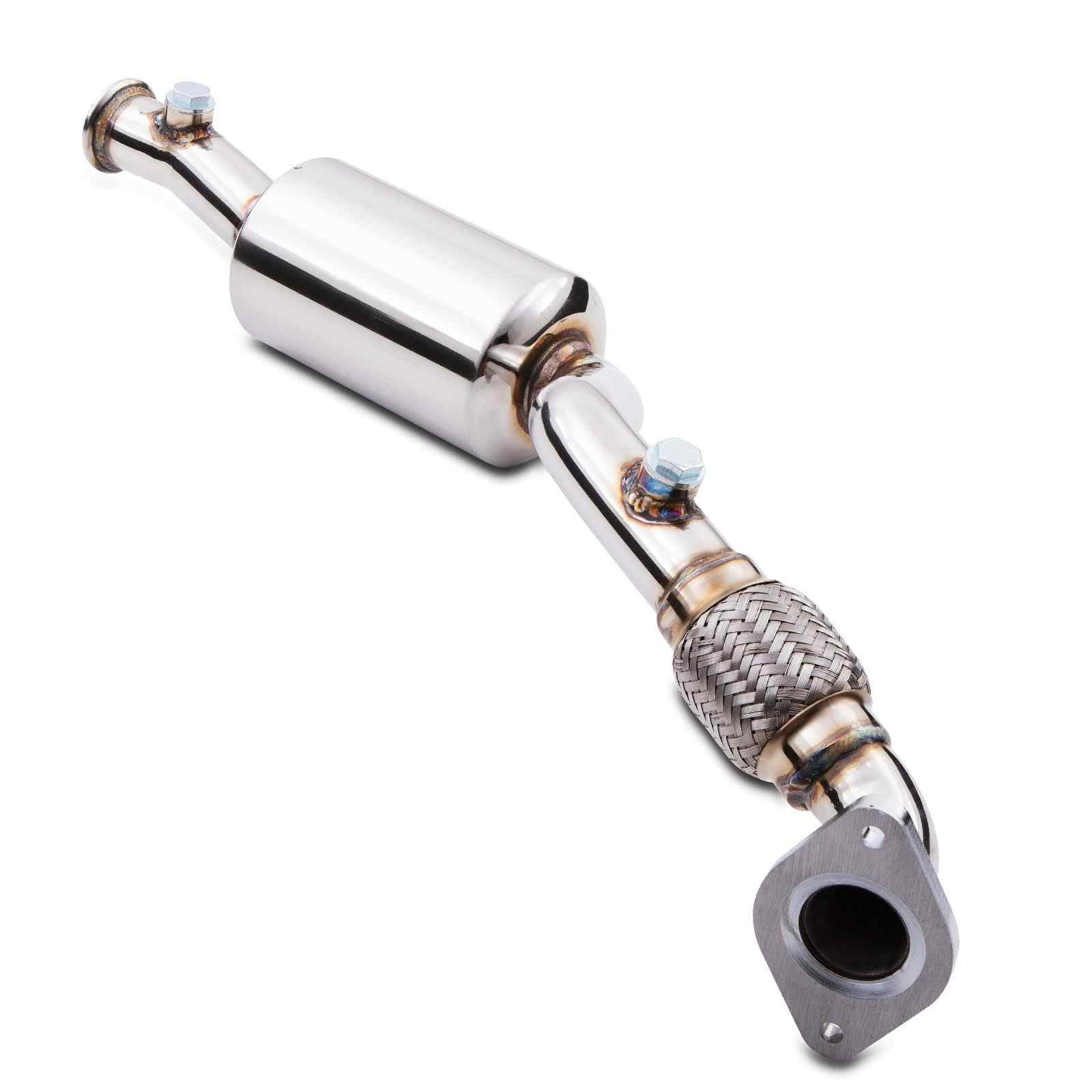 Polished stainless steel exhaust decat downpipe for Renault Clio MK2 1.2 16V (2001-2006) with a braided flex section and flanged end for easy installation.