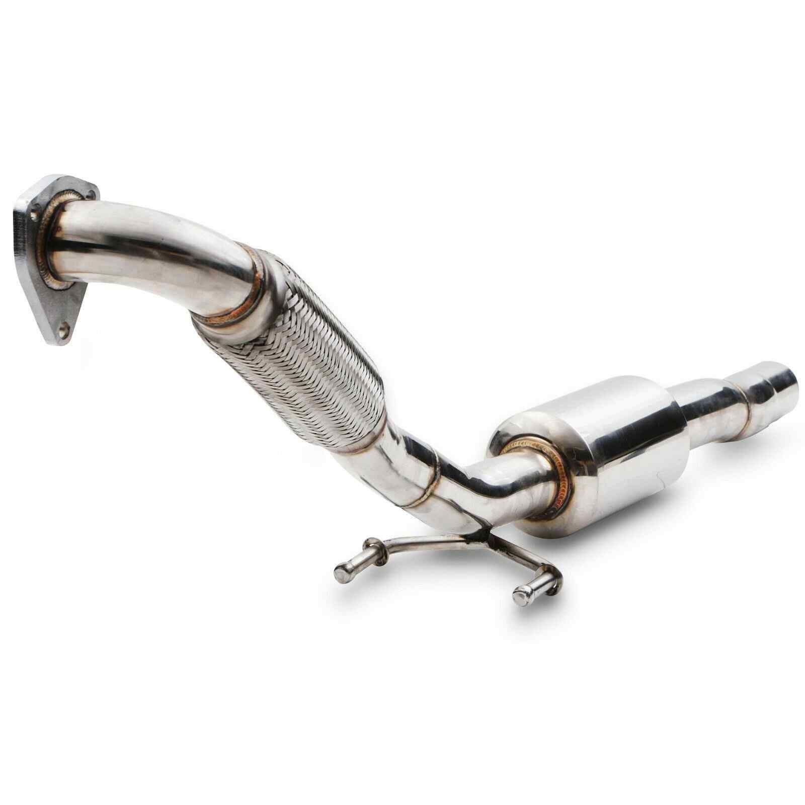 Polished stainless steel exhaust decat downpipe for Seat Ibiza FR 1.9 TDI (2003-2007) featuring a smooth curved design and a flex pipe for enhanced performance.
