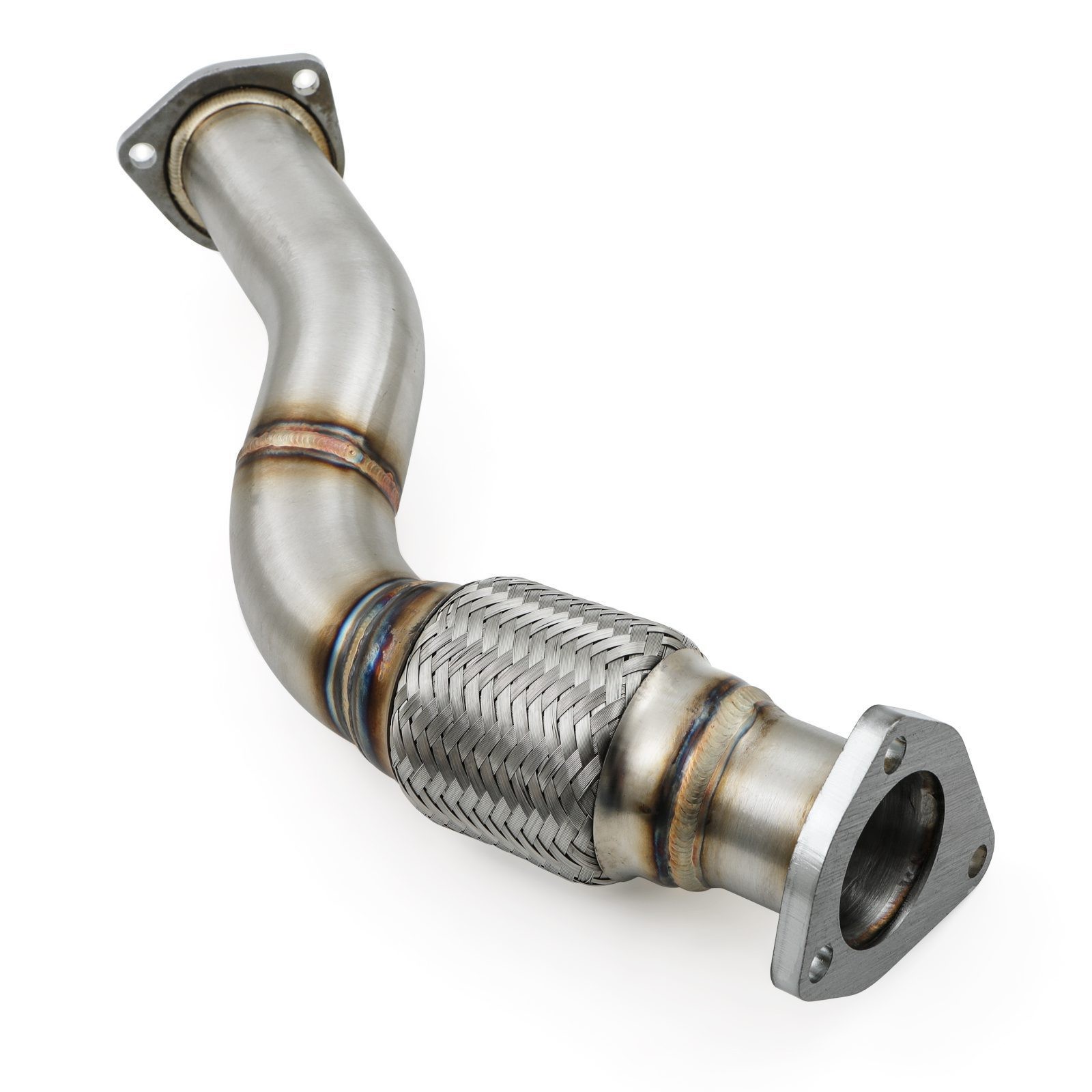 Stainless steel exhaust decat pipe for Audi A4 B5 1.9 TDI (94-01), featuring a curved design, braided section for flexibility, and flanged ends for secure attachment.