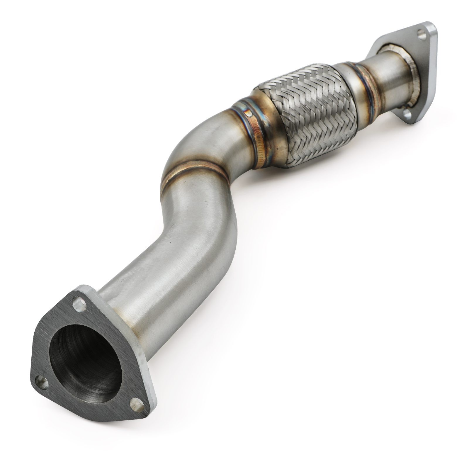 Stainless steel exhaust decat pipe for Skoda Superb B5 1.9 TDI (2001-2008) featuring a curved design, flanged ends, and a woven heat shield section.