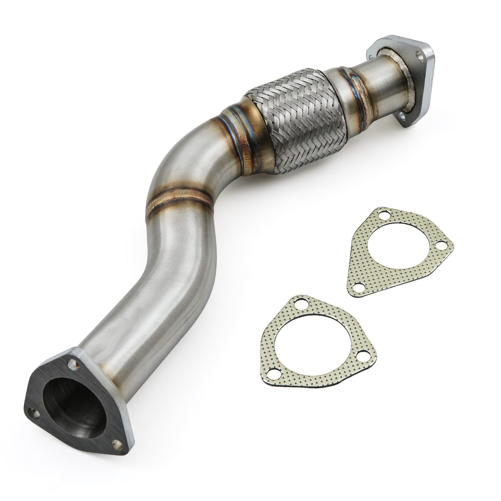 Stainless steel exhaust decat pipe with a curved design, featuring a braided section, and two metal gaskets with perforated edges for VW Passat B5/B5.5 1.9 TDI models from 1997 to 2005.