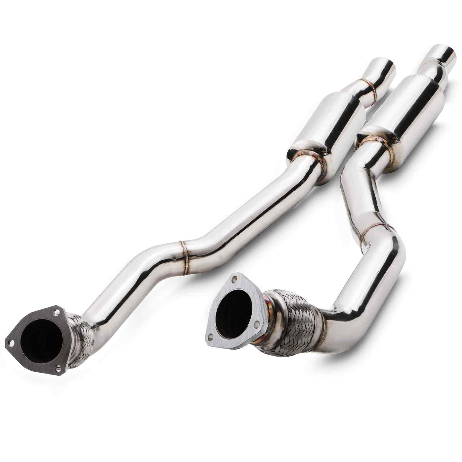 Polished stainless steel exhaust decat pipes for Audi RS5 B8 8T 4.2 V8 (2007-2015), featuring smooth bends and flanged ends for easy installation.