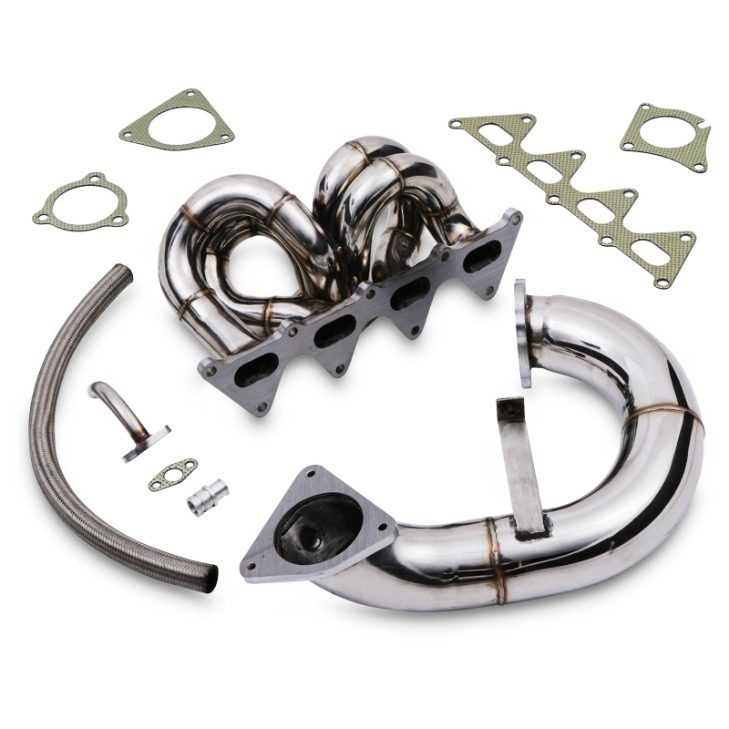 Polished stainless steel exhaust manifold and 3" decat downpipe with multiple bends, gaskets, and fittings, designed for Renault Megane MK2 RS RS225 / MK3 RS250 models from 2006 onward.