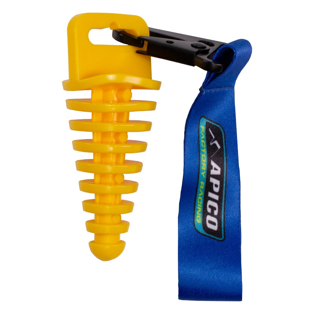 Yellow Apico Exhaust Plug designed for 2-stroke engines, featuring a ribbed design for secure fit and a blue lanyard for easy attachment.