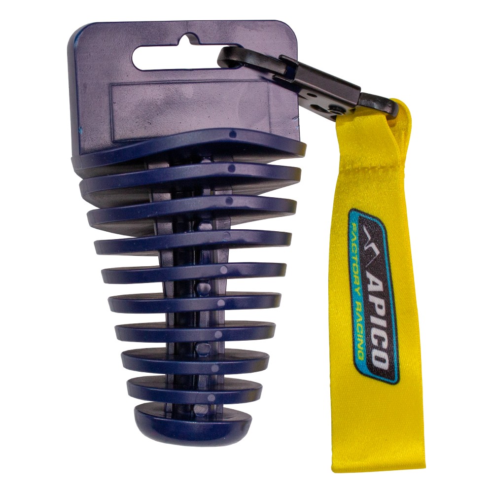 Dark blue Apico 4 Stroke Exhaust Plug with a lanyard, featuring a ribbed design for secure fitting, attached to a bright yellow strap with the Apico logo.