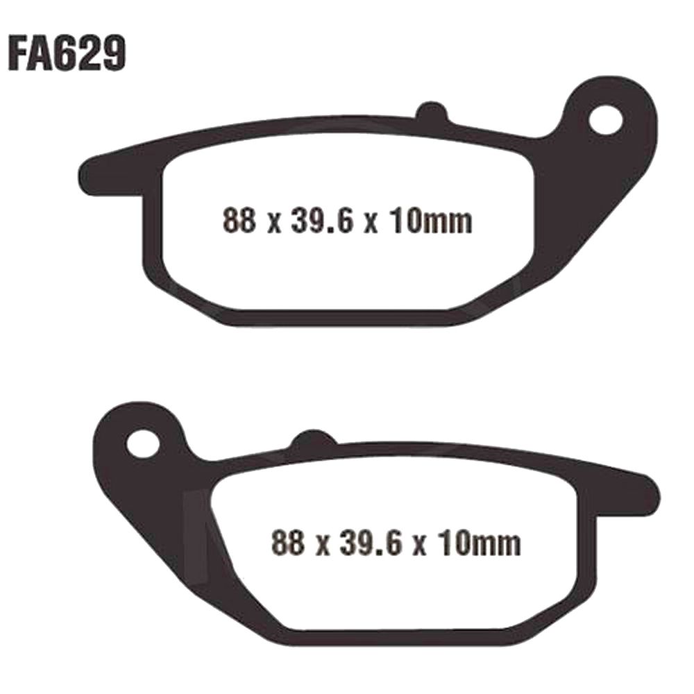 Black brake pads with an organic hybrid carbon compound, featuring precise dimensions of 88 x 39.6 x 10mm, designed for road and fast dry off-road riding.