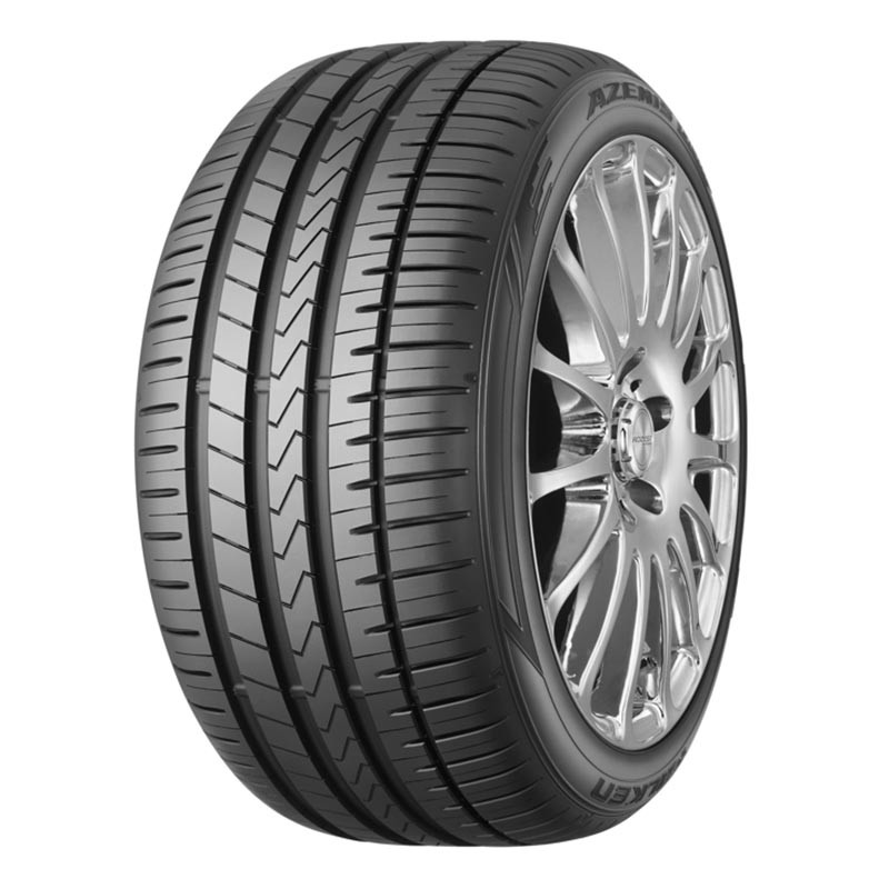 Black Falken AZENIS FK510 tire, size 265/30 ZR19 (93Y) XL, featuring rim protection (MFS) and a sleek tread pattern, displayed alongside a shiny silver alloy wheel.
