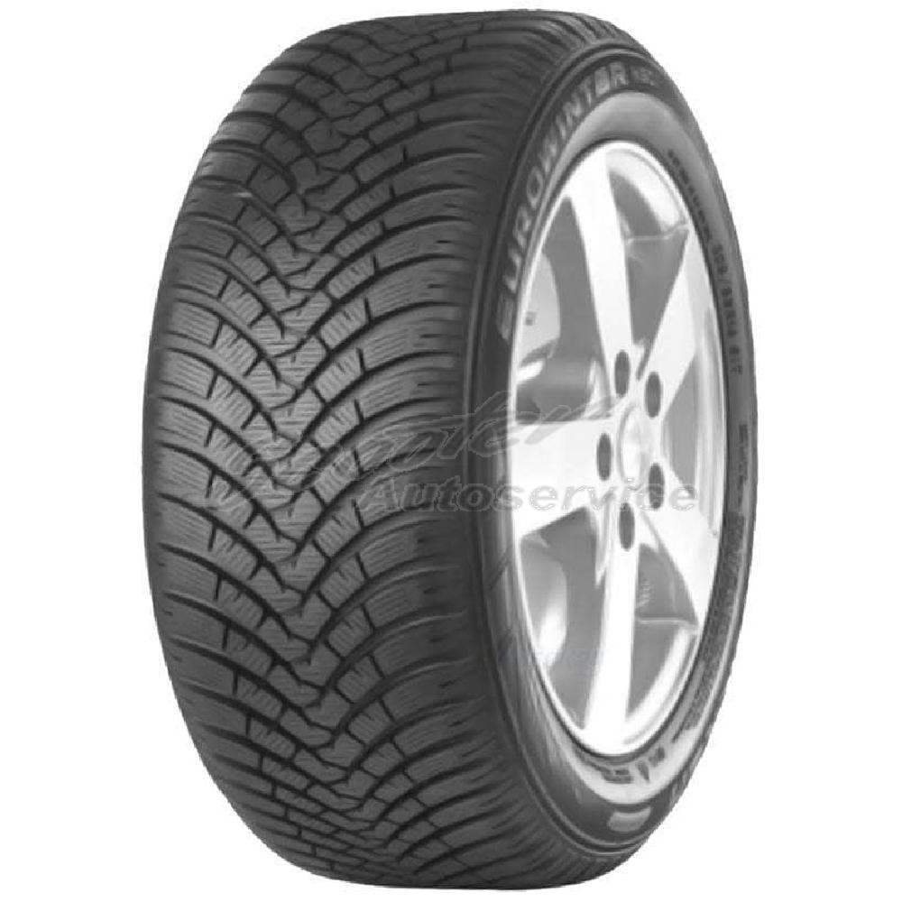 Black Falken EUROWINTER HS01 tire, size 195/55 R15 85H, featuring a detailed tread pattern designed for winter conditions, with a sleek silver rim partially visible.