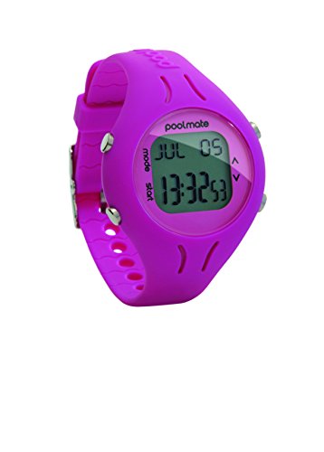 Bright pink digital watch with a large LCD display, featuring a round case, silicone strap, and buttons for setting time and functions, ideal for swimming and sports activities.