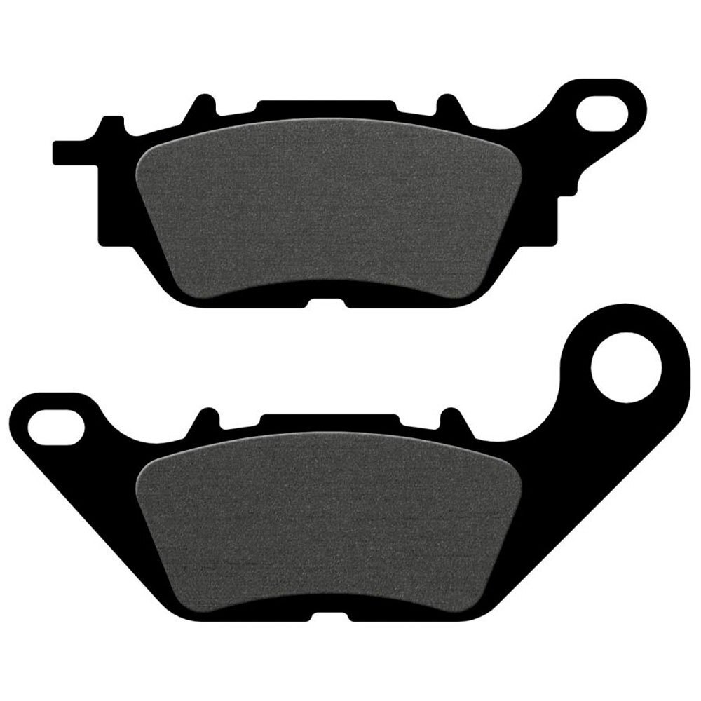 Galfer semi-metallic front brake pads for Yamaha YBR 125 (2007-2016) featuring a dark gray friction material and a distinctive shape with a mounting hole on one pad.