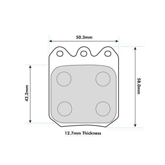 Ferodo 4003 brake pads designed for Wilwood Dynapro/Dynalite calipers, featuring a rectangular shape with four circular cutouts, dimensions 50.3mm x 58.0mm, and 12.7mm thickness.