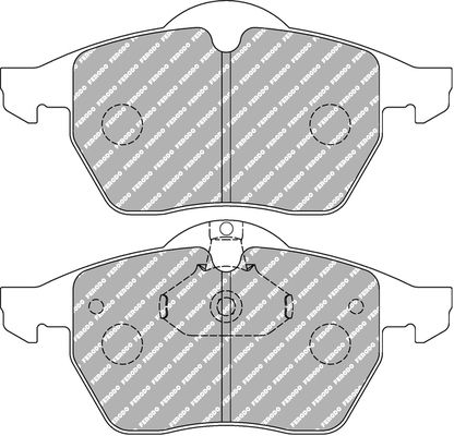 Black brake pad set featuring a distinctive design with Ferodo branding, designed for high-performance applications, showcasing a sturdy material suitable for racing.