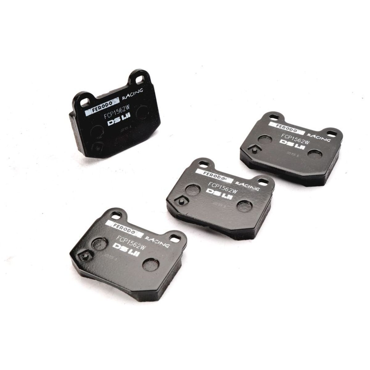 Black Ferodo Racing brake pad set, featuring two larger and two smaller pads, labeled with "FCP1562W" and "RACING," designed for Subaru and Mitsubishi vehicles.