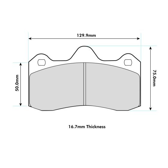 Rear brake pad set by Ferodo, featuring a grey friction material, with dimensions of 129.9mm width, 75mm height, and 16.7mm thickness, designed for AP Racing CP6627 / OE calipers.
