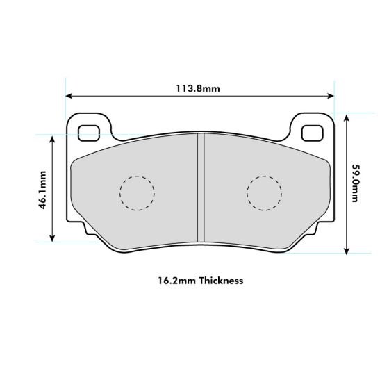 Brake pad set for MG TF and MGF convertibles, featuring a solid grey design with precise dimensions: 113.8mm length, 59.0mm width, and 16.2mm thickness.