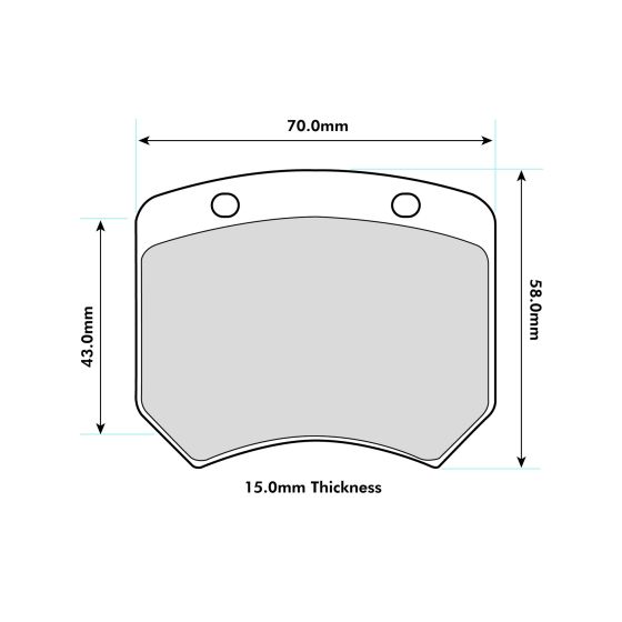 Ferodo DS1.11 brake pads in a grey material, featuring a curved shape, two mounting holes, and dimensions of 70mm width, 58mm height, and 15mm thickness.