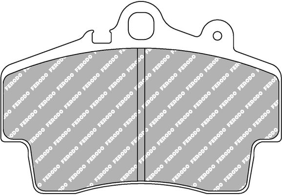 Black brake pad set with a distinctive shape, featuring the Ferodo logo prominently on the surface, designed for high-performance applications.