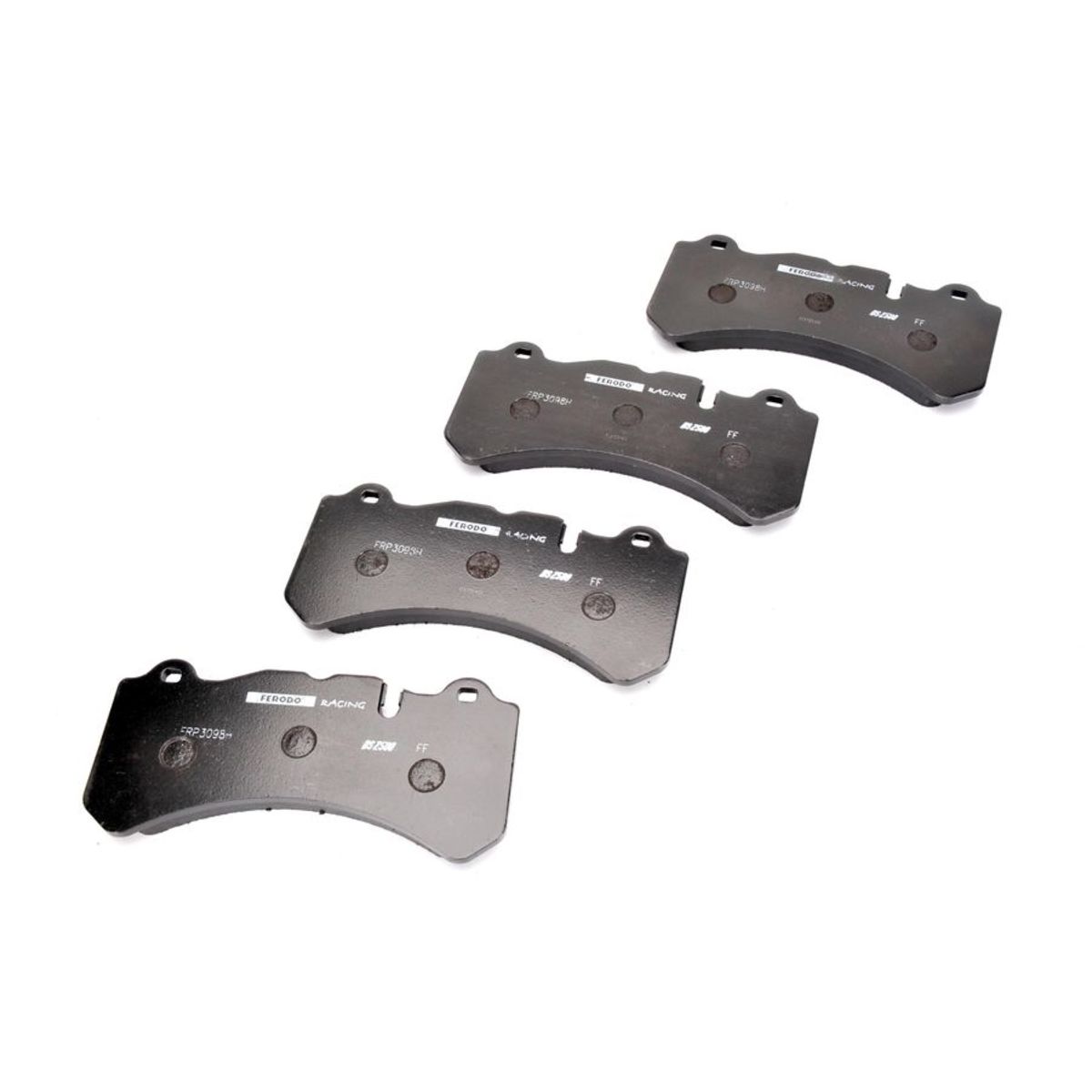 Black brake pad set featuring four pads with a smooth finish, labeled with part numbers and branding, designed for high-performance racing applications.