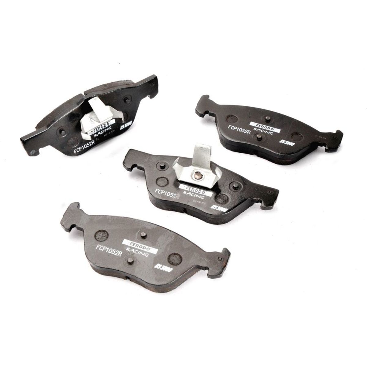 Black Ferodo DS3000 brake pads featuring a metallic backing and a distinctive shape, designed for high-performance front braking applications, with visible part numbers and branding.