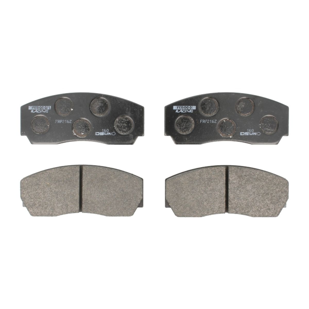 Black brake pad set with four pads featuring a smooth surface and circular cutouts, labeled "FERODO" and "DSUNO," designed for high-performance racing applications.