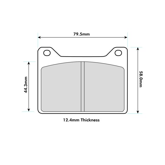 Ferodo DSUNO brake pads in gray, designed for Wilwood Powerlite calipers, featuring precise dimensions: 79.5mm width, 58mm height, and 12.4mm thickness.