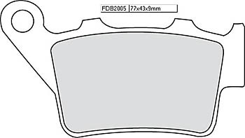 FERODO RACING FDB2005EF brake pad set featuring a grey composite material with a distinctive shape, labeled with dimensions 77x43x9mm and a mounting hole on one side.
