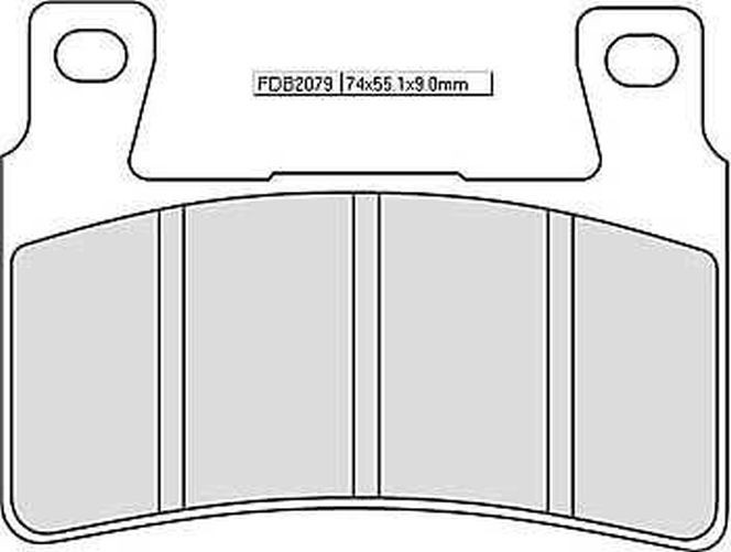 Sintered brake pad in gray with a curved design, featuring two mounting holes, labeled FDB2079, measuring 74x55.1x9mm, suitable for Honda CB 400 Super Four.