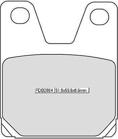 Ferodo FDB2084 Sinter-Grip motorcycle brake pads in a rectangular shape, featuring a smooth gray surface with two mounting holes at the top and detailed specifications printed on the pad.