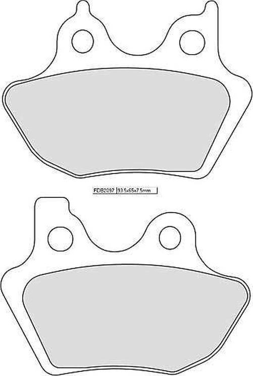 Ferodo FDB2097 Carbon Grip Platinum motorcycle brake pads, featuring a sleek design with a grey friction material and two mounting holes for easy installation.