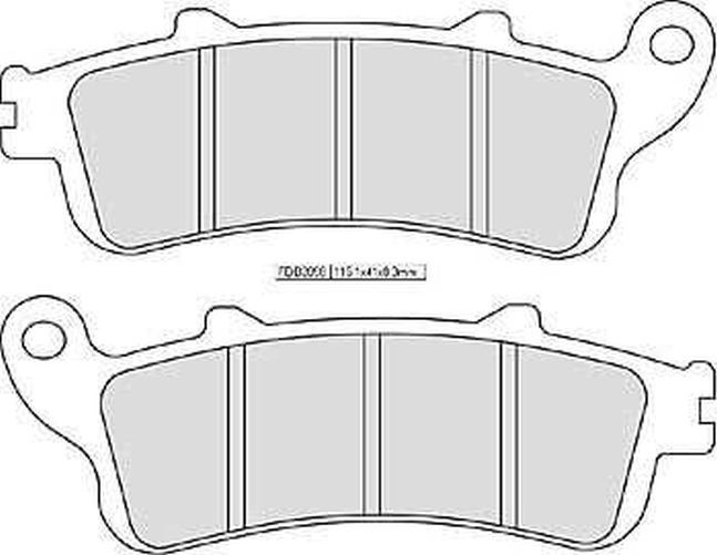 Ferodo FDB2098 Sinter-Grip motorcycle brake pads, featuring a grey sintered material with three horizontal grooves, designed for optimal braking performance.