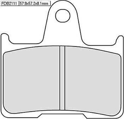 Ferodo FDB2111 Sinter-Grip motorcycle brake pads, featuring a grey sintered material, with a distinctive shape and a central mounting hole for easy installation.