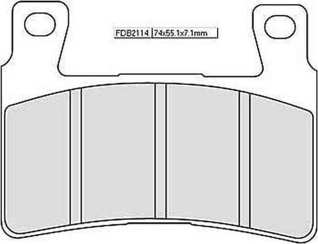 Gray sintered brake pads with a rectangular shape, featuring four distinct friction surfaces and two mounting holes, labeled FDB2114, measuring 74x55.1x7.1mm.