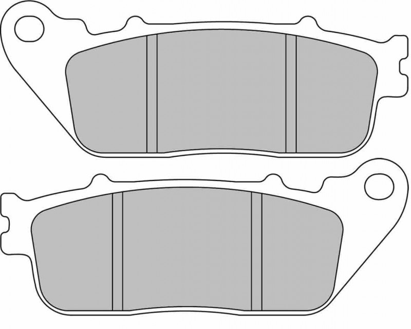 Sintered brake pads in a rectangular shape, featuring a dark grey friction material with two horizontal grooves, designed for high-performance braking.