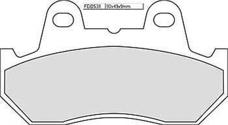 Ferodo FDB538 Carbon Grip Platinum Motorcycle Brake Pads, featuring a flat, metallic gray surface with a distinctive shape and two mounting holes for easy installation.