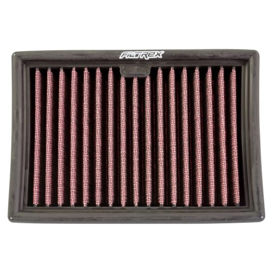 Filtrex Performance Air Filter featuring a rectangular shape with red pleated filter material and a black rubber frame, designed for Aprilia RSV1000 04-09 and Tuono R >09 models.